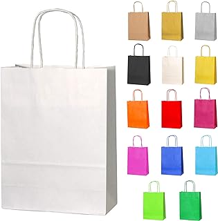 Thepaperbagstore 50 White Paper Party Bags With Handles - Colourful Paper Gift Bags for Kids and Adults Parties, Birthdays, Weddings, Baby Showers, Hen Parties and Sweets 18x22x8cm