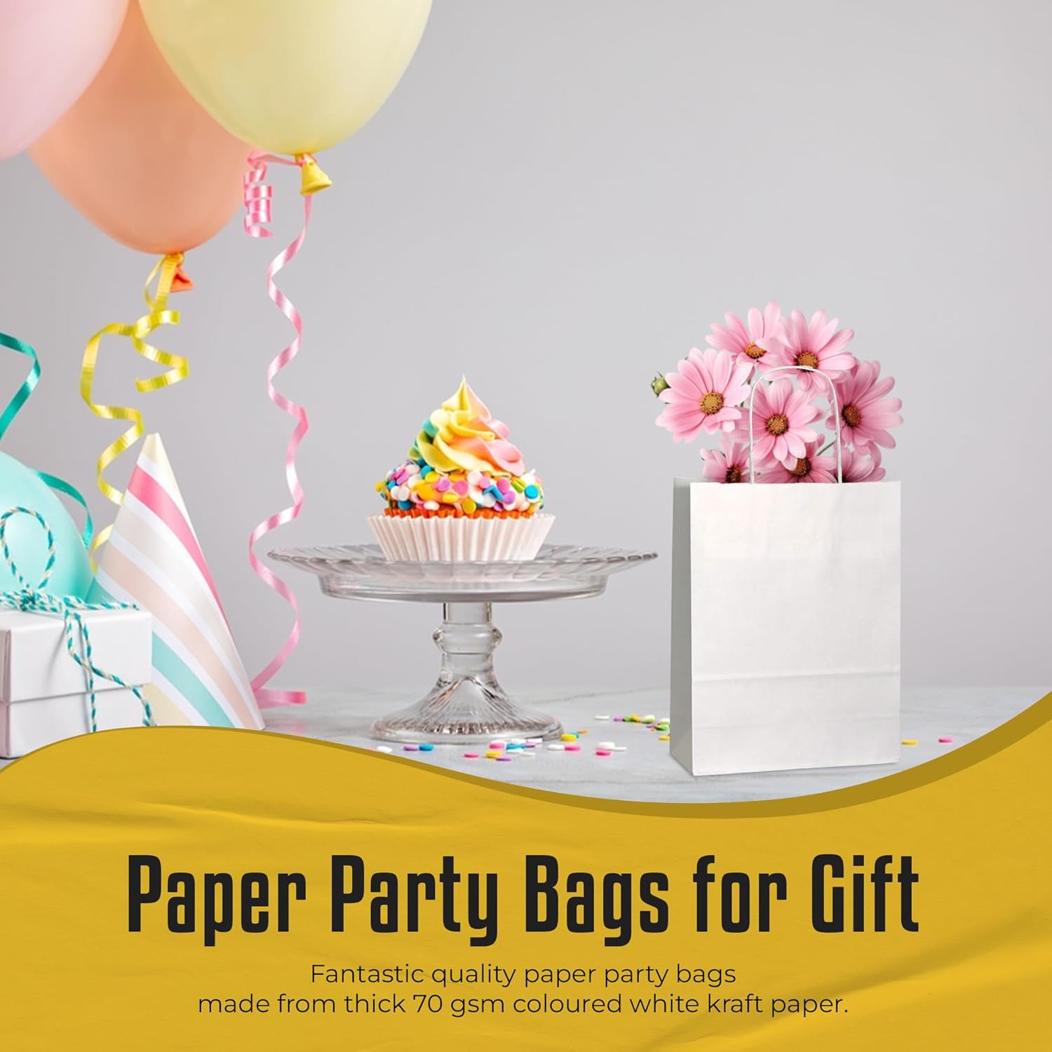 Thepaperbagstore 50 White Paper Party Bags With Handles - Colourful Paper Gift Bags for Kids and Adults Parties, Birthdays, Weddings, Baby Showers, Hen Parties and Sweets 18x22x8cm-7