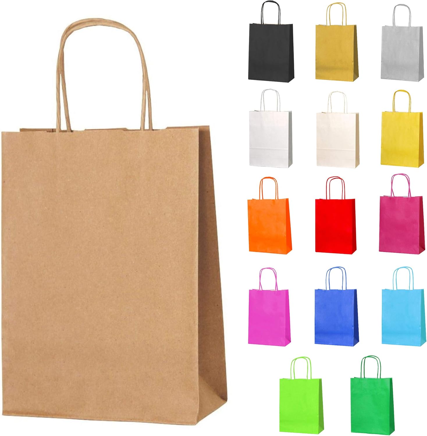 Thepaperbagstore 10 Small Brown Paper Party Bags With Handles - Colourful Paper Gift Bags for Kids and Adults Parties, Birthdays, Weddings, Baby Showers, Hen Parties and Sweets 18x22x8cm-0