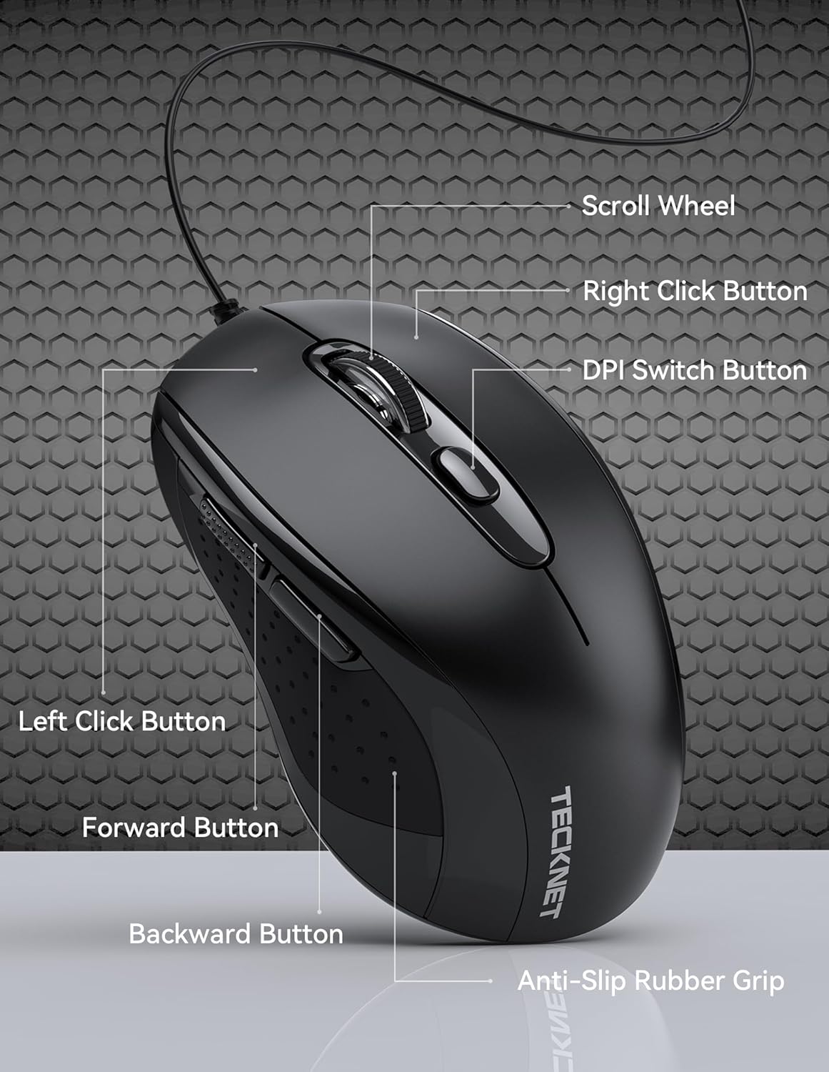 TECKNET Wired Mouse, Mice Wired Optical USB Computer Mouse With 3600 DPI Tracking, Gaming Grade Sensor, 6 Buttons, Business Office Mouse PC/Laptop, Great Mouse for Graphic Design (Black, Medium)-1