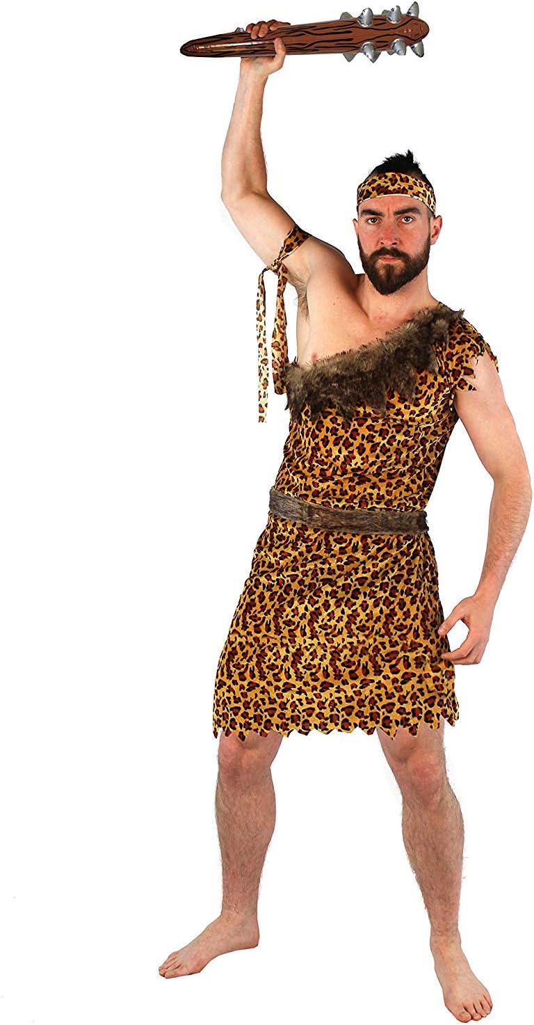 MENS CAVEMAN FANCY DRESS COSTUME - DELUXE CAVEMAN LEOPARD PRINT TUNIC + MATCHING HEADBAND & ARMBAND + FAUX FUR BELT - PERFECT FOR FANCY DRESS PARTIES-0