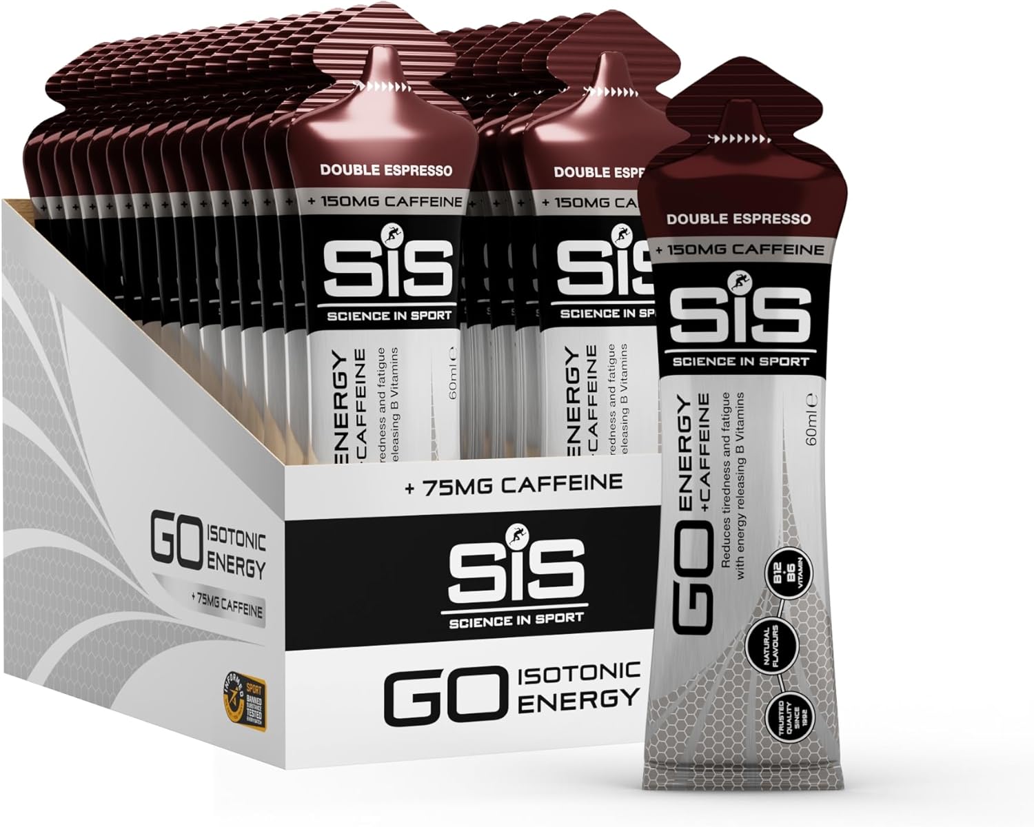 Science In Sport GO Isotonic Energy Gels, Running Gels with 22 g Carbohydrates, Low Sugar, Double Espresso Flavour, 60ml (30 Packs)-0