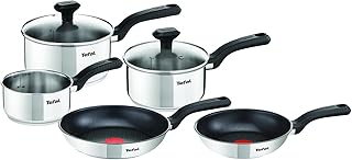 Tefal Comfort Max, Pan Set, 14cm Milkpan, 16cm and 18cm Saucepans with Lids, 20cm and 24cm Frying Pans, Induction Compatible, Stainless Steel, G972S544, Silver