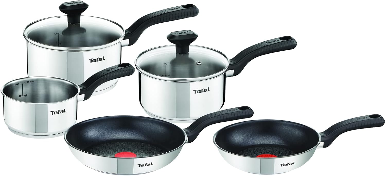 Tefal Comfort Max, Pan Set, 14cm Milkpan, 16cm and 18cm Saucepans with Lids, 20cm and 24cm Frying Pans, Induction Compatible, Stainless Steel, G972S544, Silver-0