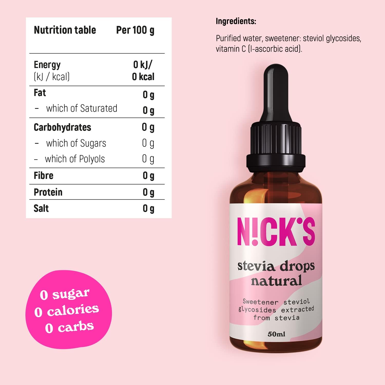 NICKS Stevia Drops (50ml) Natural Sugar Free Zero Calorie Liquid Keto Sweetener Gluten Free Low Carb Sugar Substitute Alternative (50 ml (Pack of 1), Natural)-5