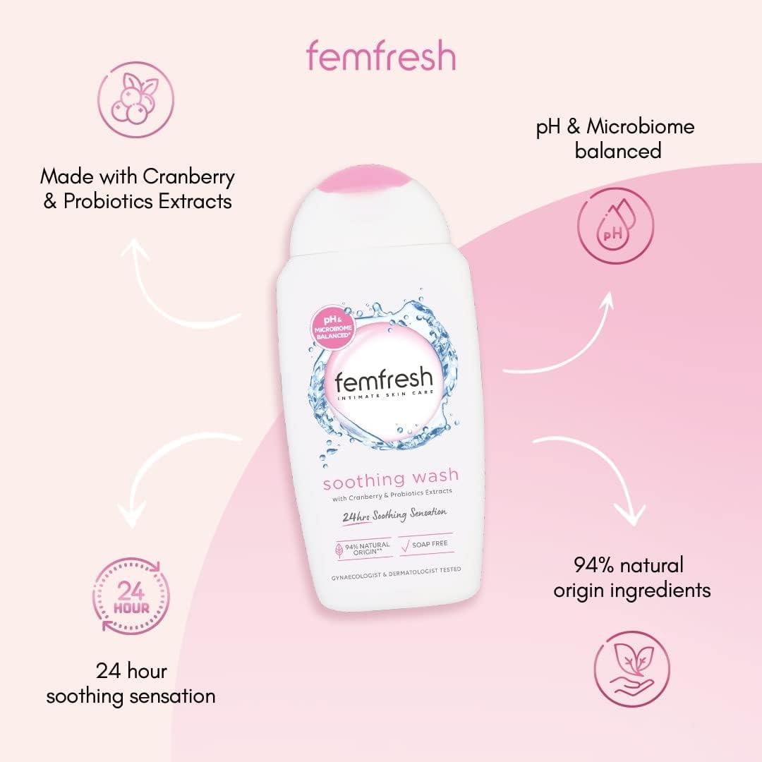 Femfresh Ultimate Care Soothing Wash - Intimate Daily Vaginal Feminine Hygiene Shower Gel Cleanser – pH Balanced, Soap Free w.Hydrating Cranberry & Probiotics Extract, Long-Lasting MULTIActif - 250 ml-2