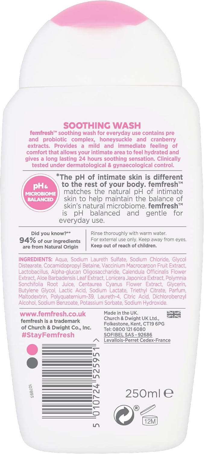 Femfresh Ultimate Care Soothing Wash - Intimate Daily Vaginal Feminine Hygiene Shower Gel Cleanser – pH Balanced, Soap Free w.Hydrating Cranberry & Probiotics Extract, Long-Lasting MULTIActif - 250 ml-6