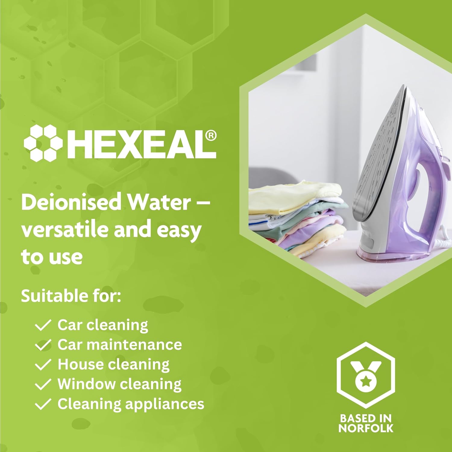 Hexeal Deionised Water 10L – 10L of Deionised Water for Steam Irons, Car Batteries, Windscreen Fluid & Antifreeze – Demineralised Water, Reduces Limescale Deposits & Water Stains – For Lab Use-1