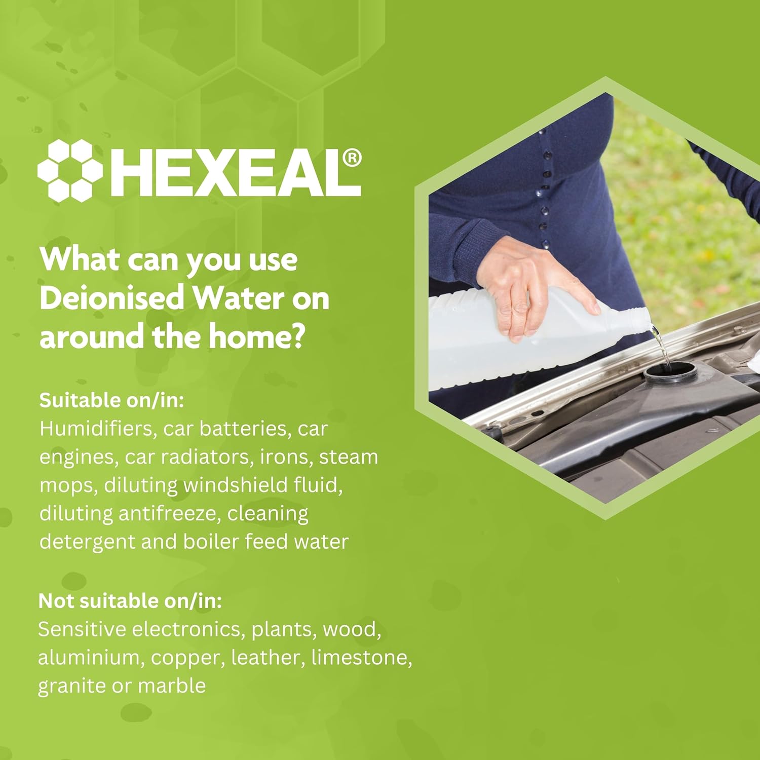 Hexeal Deionised Water 10L – 10L of Deionised Water for Steam Irons, Car Batteries, Windscreen Fluid & Antifreeze – Demineralised Water, Reduces Limescale Deposits & Water Stains – For Lab Use-6