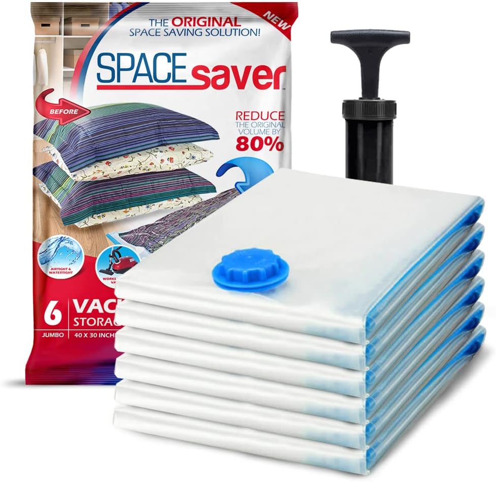 Spacesaver's Space Bags Vacuum Storage Bags (Jumbo Vacuum Storage Bags 6-Pk) Save 80% Space - Vacuum Bags for Comforters and Blankets, Bedding, Compression Seal for Closet Storage - Pump for Travel-0