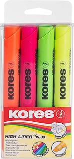 Kores - Fluorescent Highlighter Pen - High Liner Plus, Fluorescent, Water Based-Ink Highlighter Pen with Ergonomic Shape - Stationery Supplies, Office Supplies - Pack of 4 in Assorted Colours