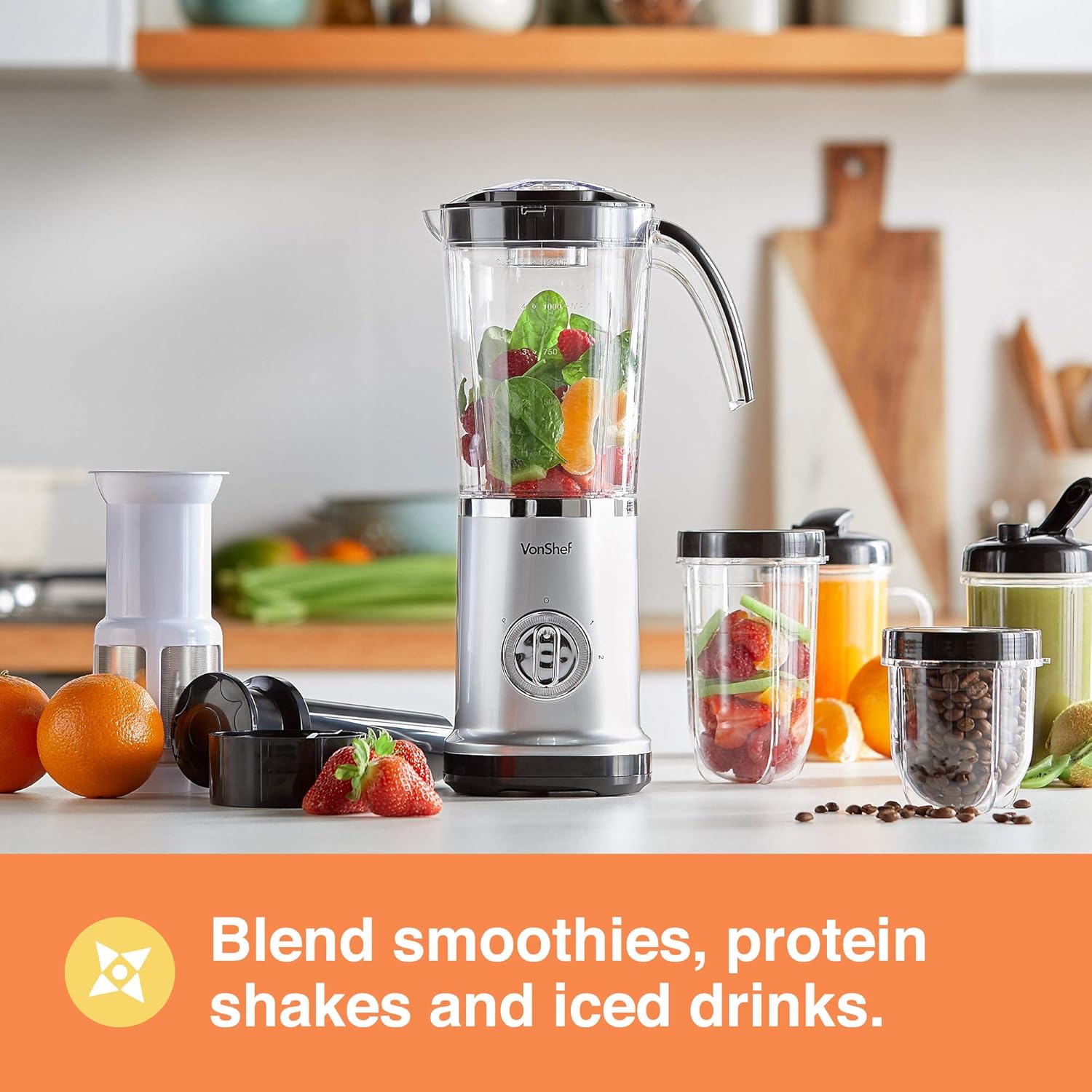 VonShef Blender, Juicer & Grinder - 4 in 1 Multi-Functional, 17 Piece Set with 2 Speed Settings and Pulse Function Ideal for Crushing Ice, Making Smoothies, Protein Shakes and More 220W-1