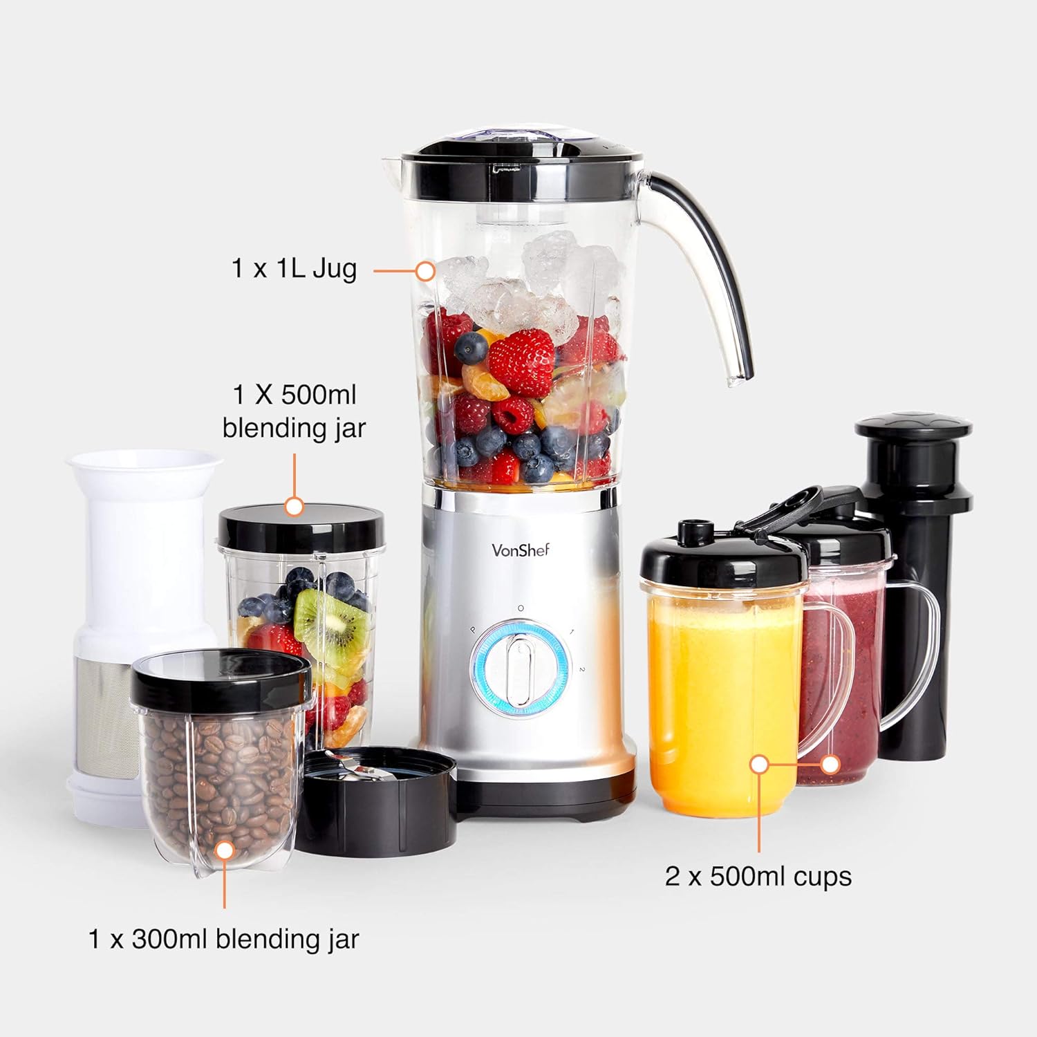 VonShef Blender, Juicer & Grinder - 4 in 1 Multi-Functional, 17 Piece Set with 2 Speed Settings and Pulse Function Ideal for Crushing Ice, Making Smoothies, Protein Shakes and More 220W-4