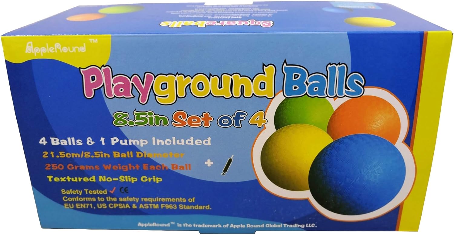 AppleRound 8.5-inch Dodgeball Playground Balls, Pack of 4 Balls with 1 Pump, Official Size for Dodge Ball, Handball, Camps and Schools (4 Balls and 1 Pump)-1