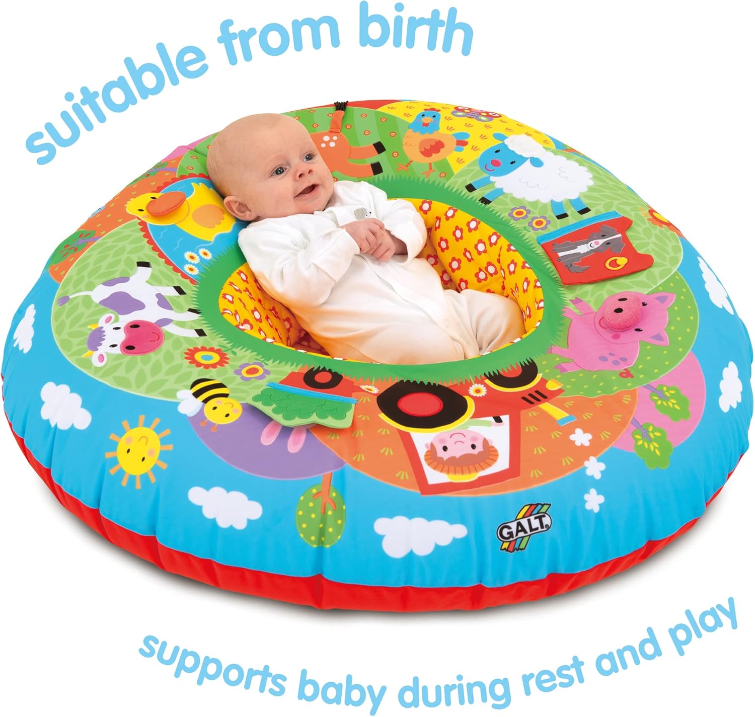 Galt Playnest, Farm - Baby Sit Me Up with Inflatable Ring, Head and Neck Support, 8 Sensory Activities, 90cm Diameter and Machine Washable Cover - Easy Travel, Suitable from Birth - Ages 0 Months Plus-5