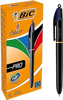 Bic 4 Colours Pro Multi Pen, Multi Coloured Pens All In One, Retractable Ballpoint Pen, Medium 1.0mm, Green, Blue, Red, Black, 12 Pens Per Pack, 1 Pack