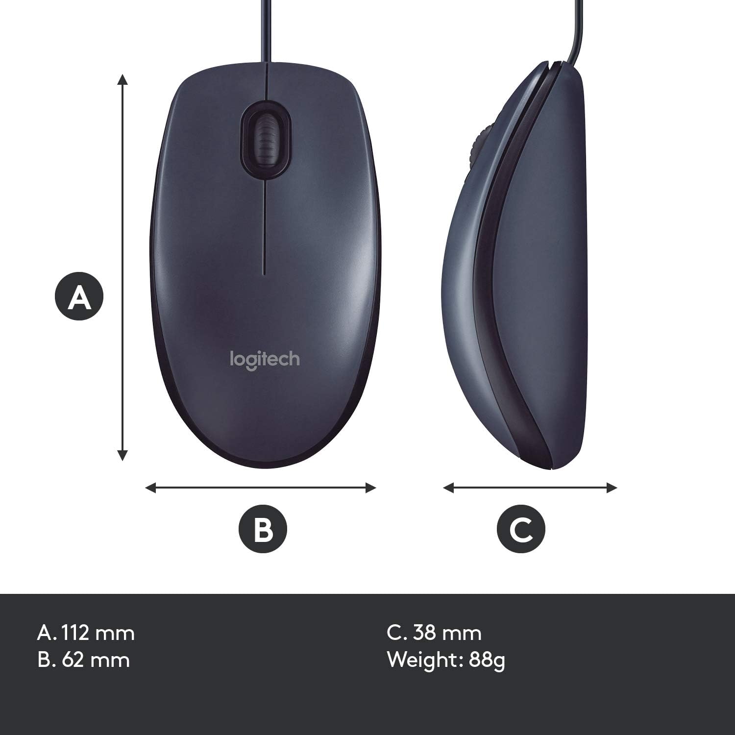 Logitech B100 Wired USB Mouse, 3-Buttons, Optical Tracking, Ambidextrous PC / Mac / Laptop - Black-7