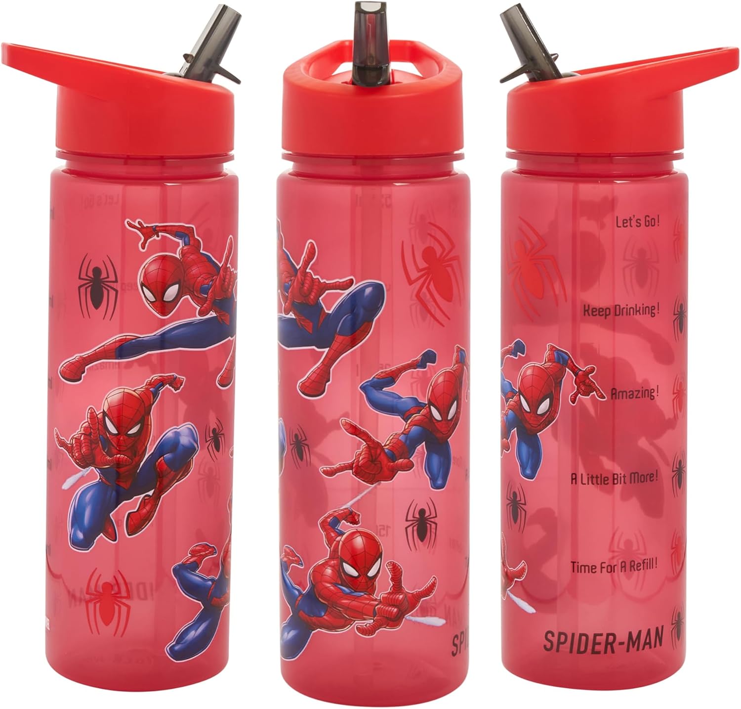 Marvel Spider-Man Water Tracker Bottle Flip Up Straw 600ml Official Marvel Merchandise by Polar Gear Kids Reusable Non Spill - BPA Free - Recyclable Plastic, Red, 600ml, Pack of 1-0