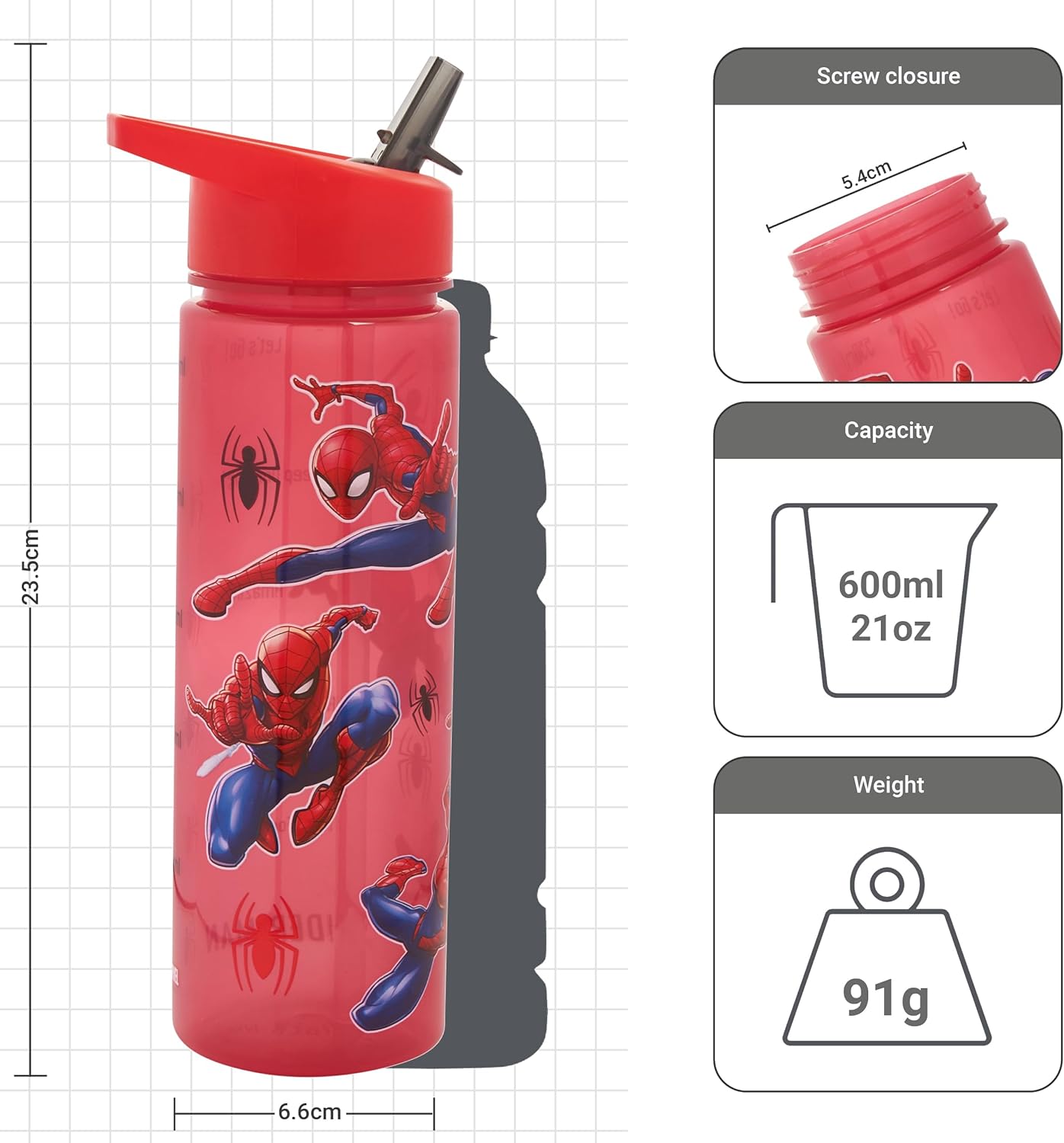 Marvel Spider-Man Water Tracker Bottle Flip Up Straw 600ml Official Marvel Merchandise by Polar Gear Kids Reusable Non Spill - BPA Free - Recyclable Plastic, Red, 600ml, Pack of 1-2