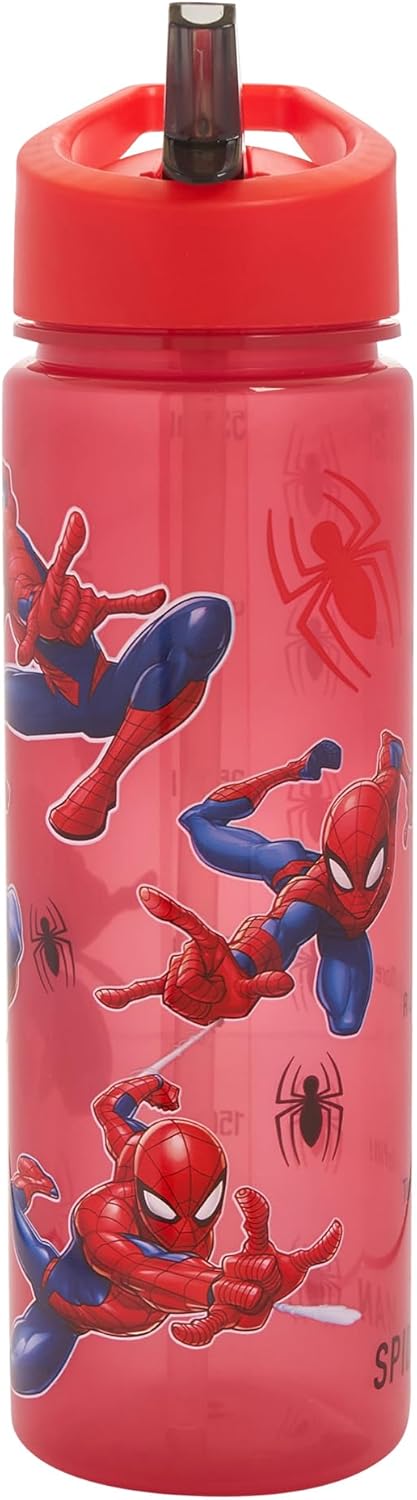 Marvel Spider-Man Water Tracker Bottle Flip Up Straw 600ml Official Marvel Merchandise by Polar Gear Kids Reusable Non Spill - BPA Free - Recyclable Plastic, Red, 600ml, Pack of 1-3