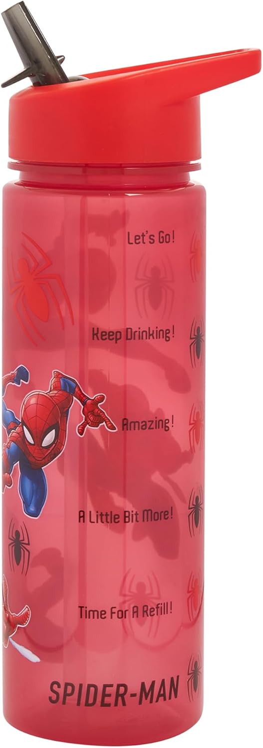 Marvel Spider-Man Water Tracker Bottle Flip Up Straw 600ml Official Marvel Merchandise by Polar Gear Kids Reusable Non Spill - BPA Free - Recyclable Plastic, Red, 600ml, Pack of 1-4