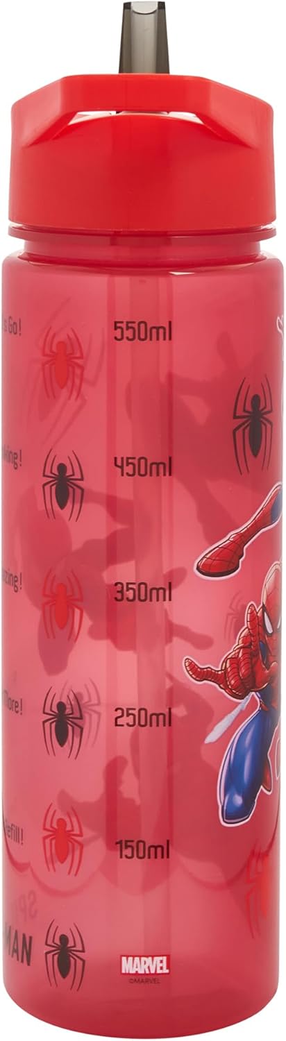 Marvel Spider-Man Water Tracker Bottle Flip Up Straw 600ml Official Marvel Merchandise by Polar Gear Kids Reusable Non Spill - BPA Free - Recyclable Plastic, Red, 600ml, Pack of 1-5