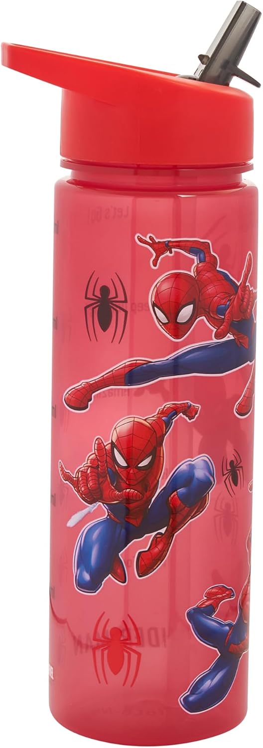 Marvel Spider-Man Water Tracker Bottle Flip Up Straw 600ml Official Marvel Merchandise by Polar Gear Kids Reusable Non Spill - BPA Free - Recyclable Plastic, Red, 600ml, Pack of 1-6