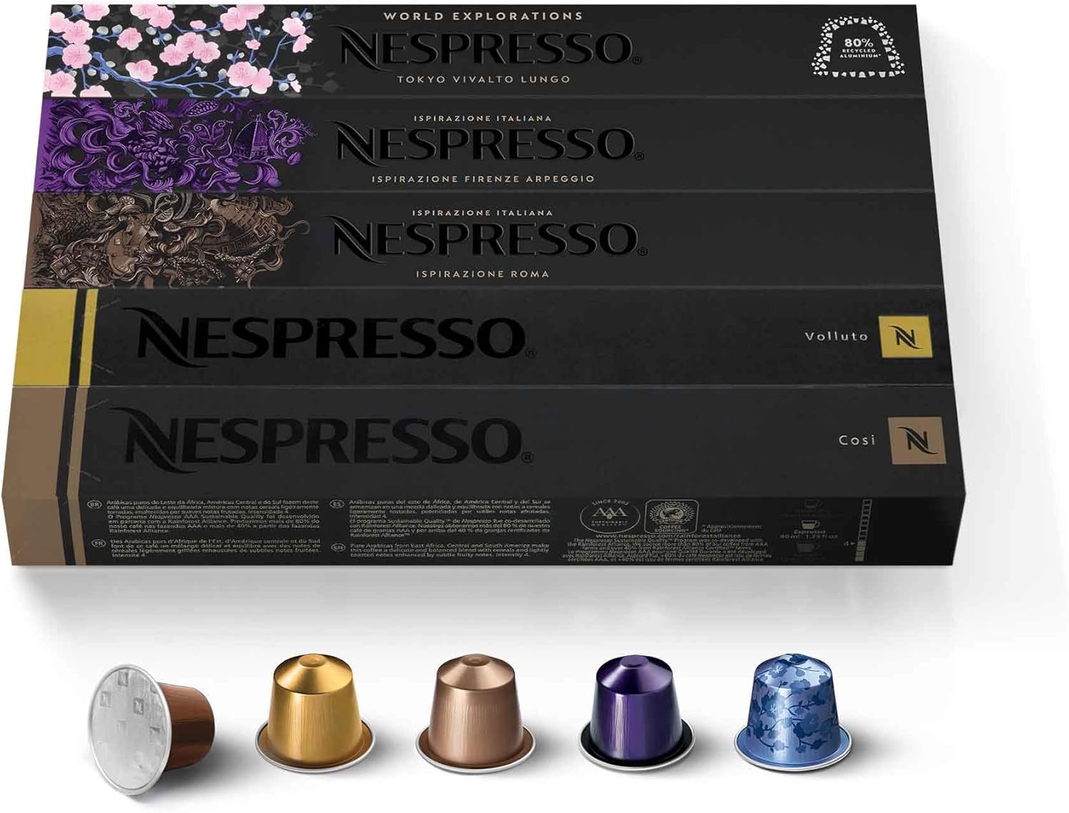 Nespresso Original Coffee Pods, 50 Mixed Pack - 10 Volluto, 10 Roma, 10 Cosi, 10 Vivalto and 10 Arpeggio Capsules for Nespresso Machines. Make Espressos, Cappuccino and Macchiato. Recyclable Pods-0