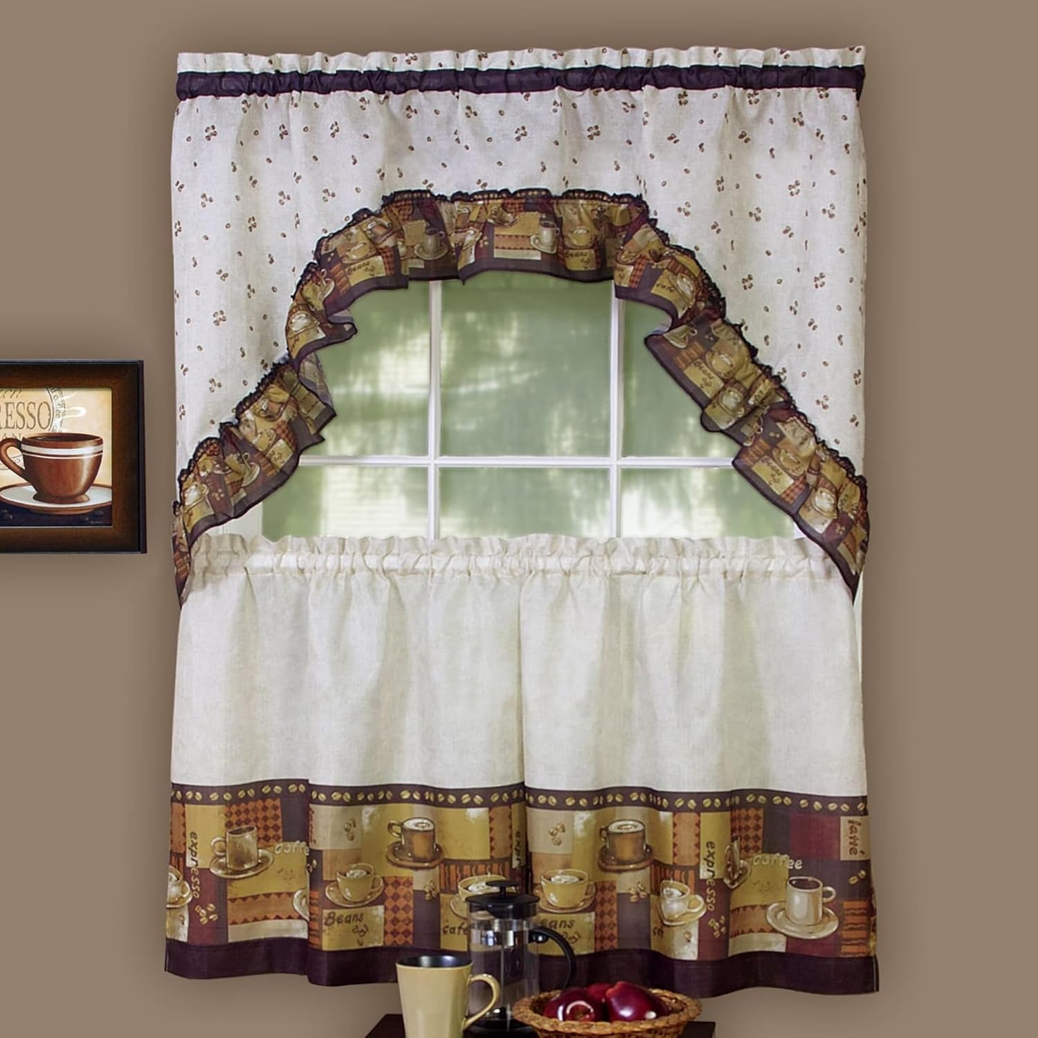 Achim Home Furnishings - CFTS36BW12 Coffee Tier and Swag Window Treatment Set, 57" x 36", Brown-0