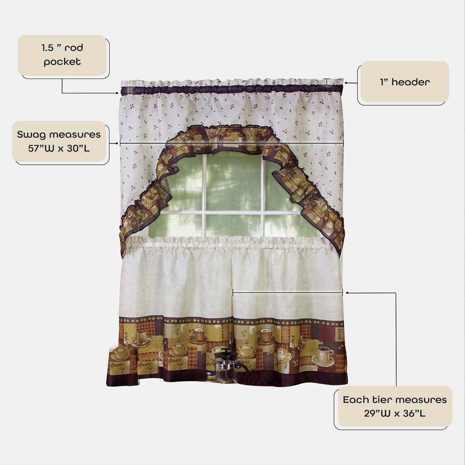 Achim Home Furnishings - CFTS36BW12 Coffee Tier and Swag Window Treatment Set, 57" x 36", Brown-4