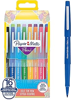 Paper Mate Flair Felt Tip Pens | Medium Point (0.7 mm) Marker Pens | Assorted Colouring Pens | For Kids & Adult Colouring, Journalling & More | 16 Count