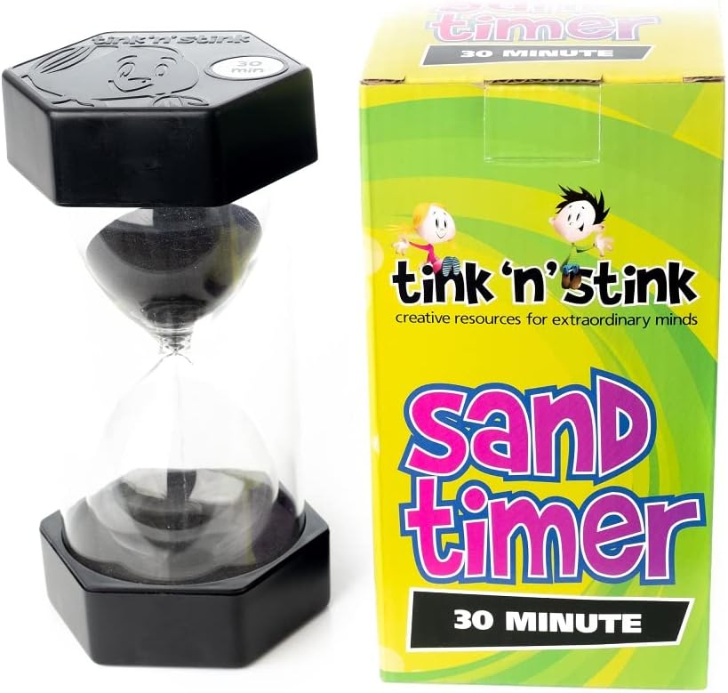 Tink n Stink Large Sand Timer 30 Minute Black Hourglass with Robust End Caps Quiet Time Management Classroom Exams Meetings Exercise Therapy-6