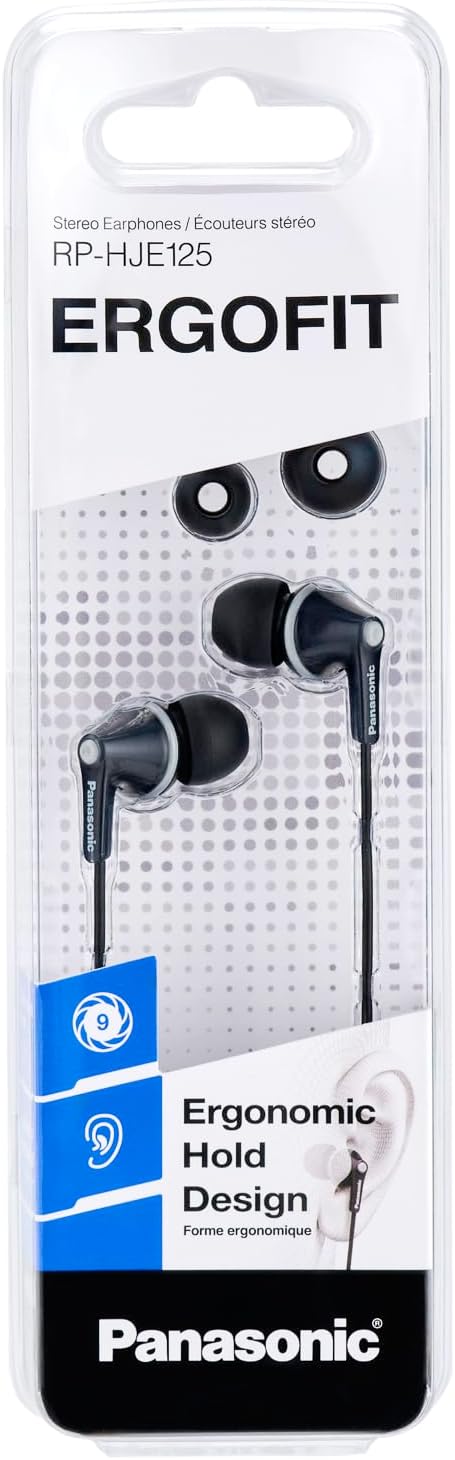 Panasonic RP-HJE125-K, 3.5mm ErgoFit Wired Earbuds, Noise Isolating In-Ear Stereo Earphones, Dynamic Clear Sound, Ergonomic Custom-Fit Earpieces (S/M/L), Large 9mm Driver, Long cord, No Mic - Black-6