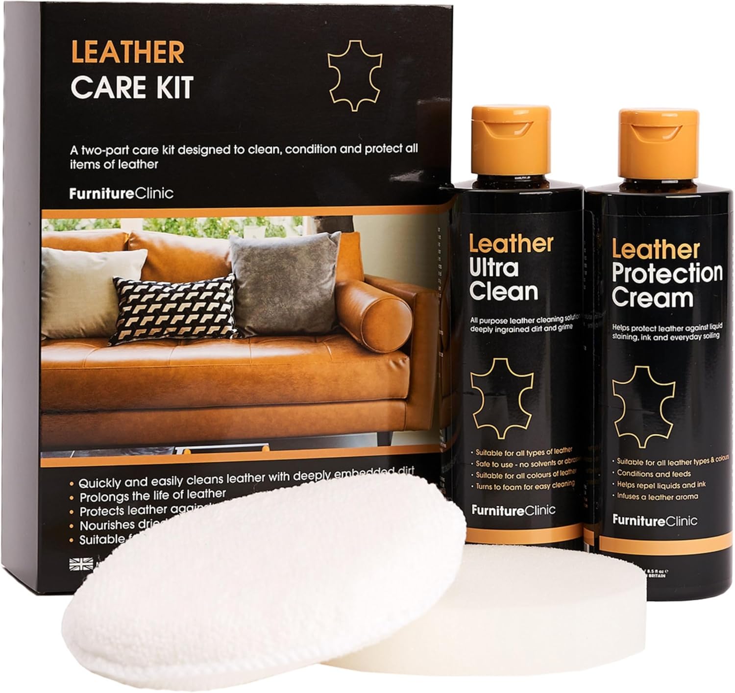 Furniture Clinic Leather Furniture Care Kit - Premium Cleaning Kit for Leather Sofas & Furniture - 250ml Leather Cleaner & Leather Conditioner – For All Types of Leather-0