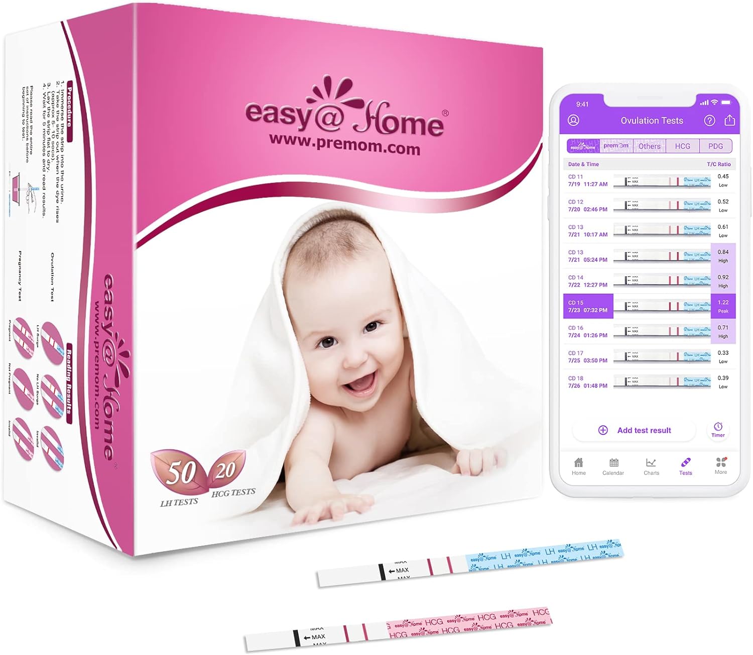 Easy@Home 50 Ovulation Test Strips and 20 Pregnancy Test Strips-Width of 5mm-Powered by Premom Ovulation Predictor iOS and Android App-0