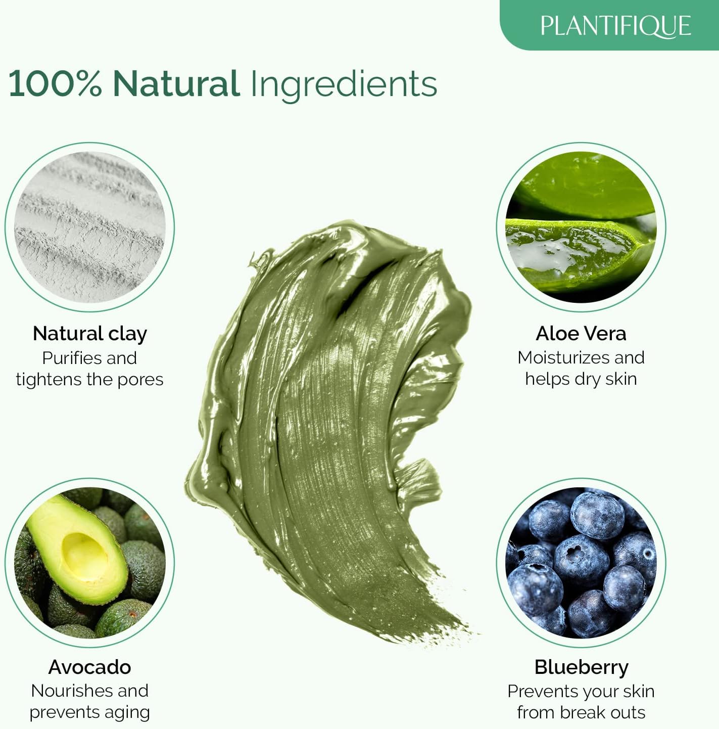 Plantifique Face Masks Skincare Korean Skincare Organic Clay Mask Vegan Face Mask with Avocado & Green Tea Body Mud Mask Face Masks Beauty Face Masks Skin Care Dermatologically Tested 100g/3.4 Oz-3