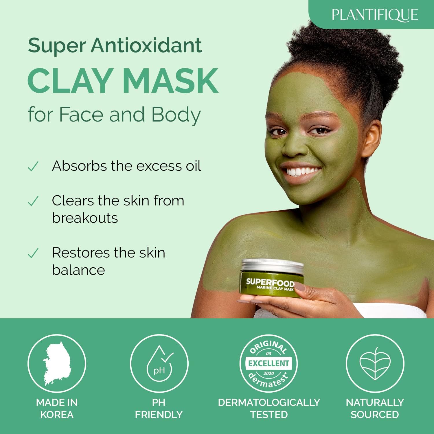 Plantifique Face Masks Skincare Korean Skincare Organic Clay Mask Vegan Face Mask with Avocado & Green Tea Body Mud Mask Face Masks Beauty Face Masks Skin Care Dermatologically Tested 100g/3.4 Oz-4