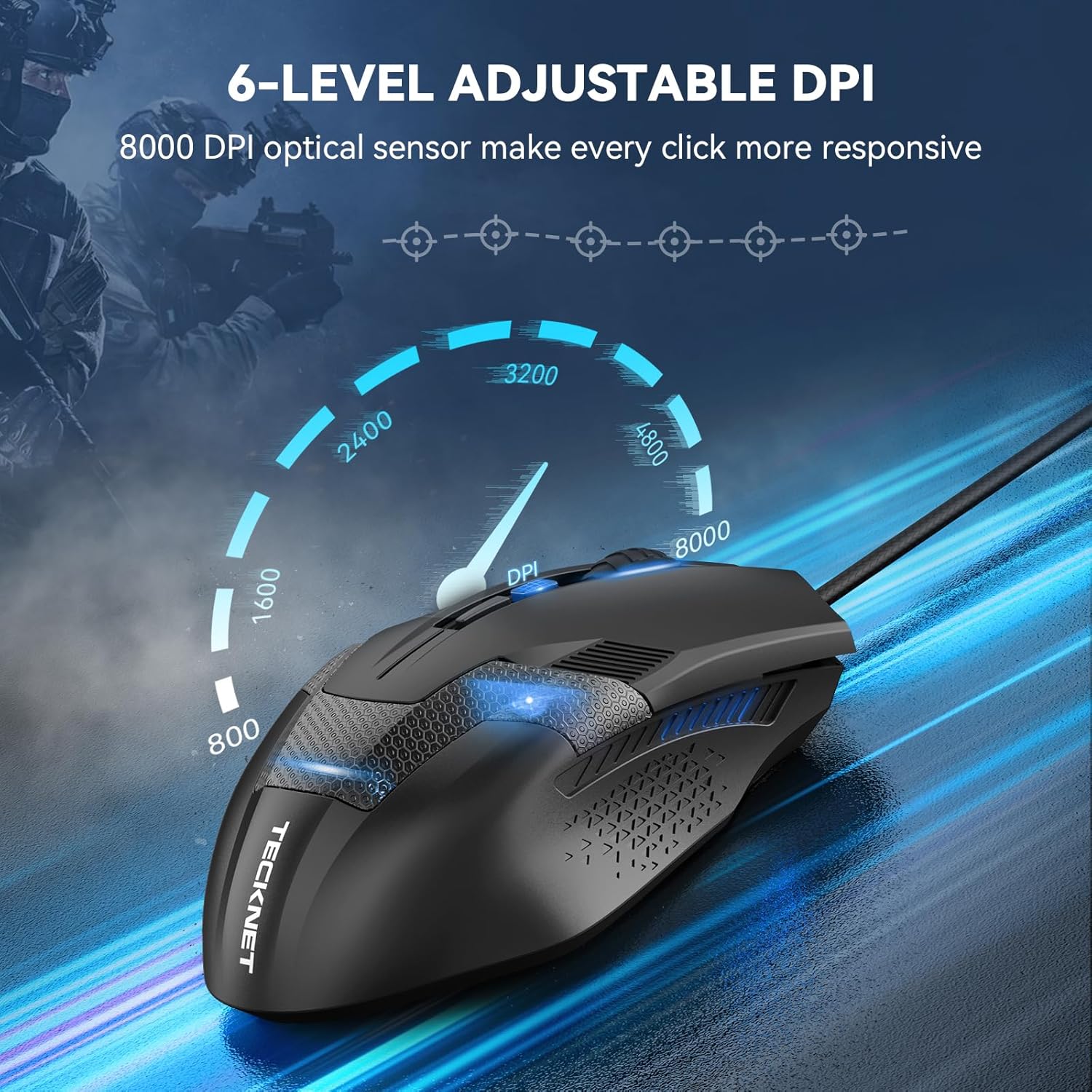 TECKNET Wired Gaming Mouse, 8000 DPI Adjustable Optical Sensor USB Computer Mouse, 6 Programmable Buttons & 6 Chroma RGB Backlit, Ergonomic Mice for Laptop Desktop PC/Mac Mouse - Black-1