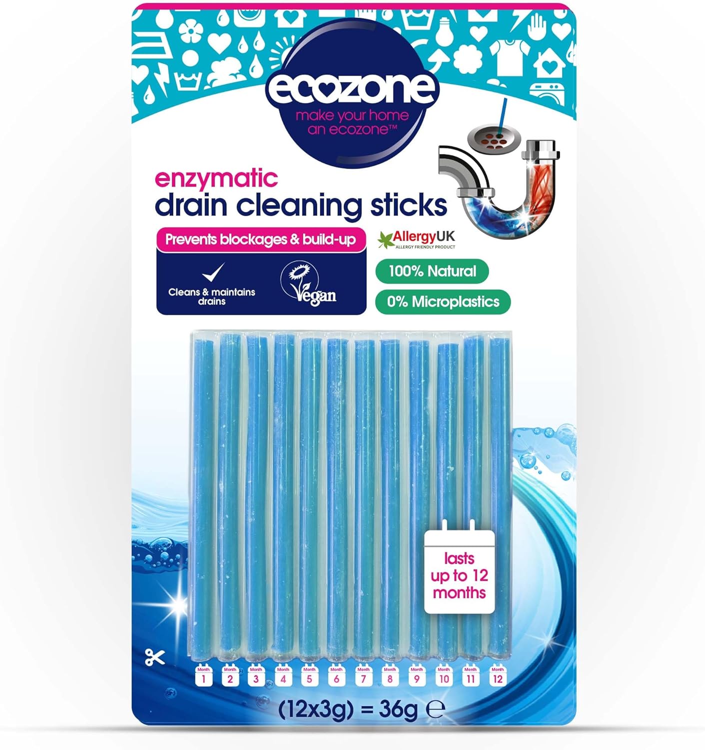 Ecozone Citrus Drain Cleaning Sticks, Enzymatic Pipe Unblocker, Prevents Plug Hole Obstructions & Keeps Water Flowing Freely, Natural Vegan & Non Toxic Kitchen & Bathroom Treatment Kit (x 12)-0