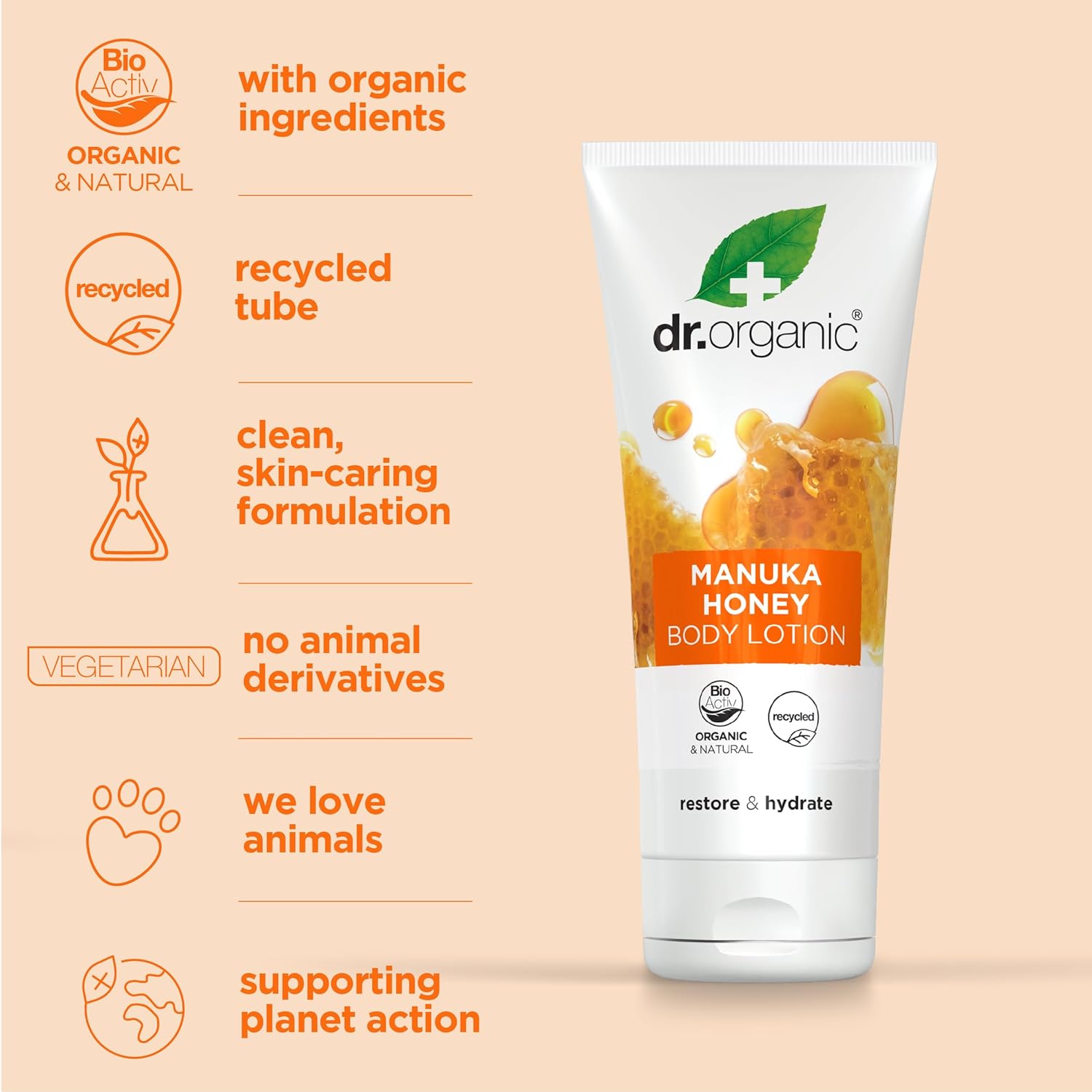 Dr Organic Manuka Honey Lotion, Moisturising, Dry Skin, Mens, Womens, Natural, Vegetarian, Cruelty-Free, Paraben & SLS-Free, Recycled & Recyclable, Organic, 200ml, Packaging may vary-3