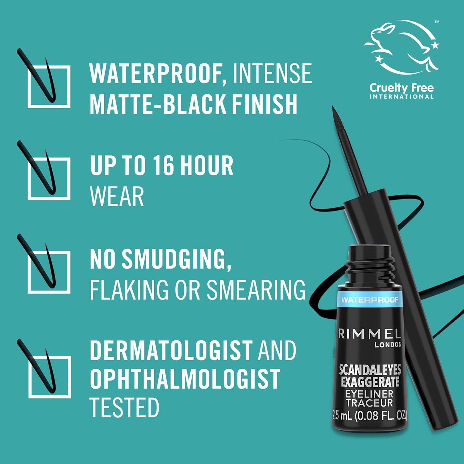 RIMMEL LONDON - Scandal'eyes Exaggerate Liquid Eyeliner - Waterproof, Smudge-proof, Flake-proof, Run-proof - Highly Pigmented Formula & Matte-Black Finish - 001 Black - 2.5ml-1