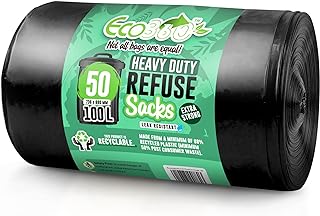 EcoBag EcoBag - 50 Pack Extra Strong Heavy Duty Refuse Sacks - 100L - 33 Microns - Recyclable Bin Bags, Leak Resistant, Eco-Friendly, Durable Waste Disposal Bags for Household & Commercial Use (736x990mm)