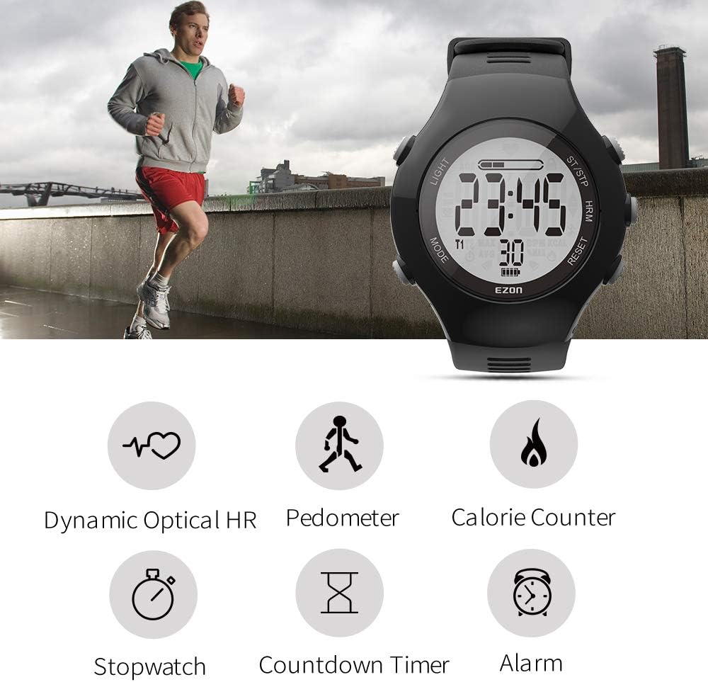 EZON Optical Heart Rate Monitor Sports Digital Wristatch for Outdoor Running with Dual Alarm, Pedometer, Calorie Counter, Stopwatch T043-2