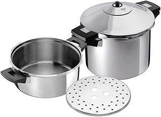 Kuhn Rikon Pressure Cooker Set, 4L and 8L (24cm) Duromatic Inox Food Steamers with Side Grips. Multi Cooker Hotpot with Auto Lock Lid. Stainless Steel Pot – 10 Year Kuhn Rikon Cookware Guarantee