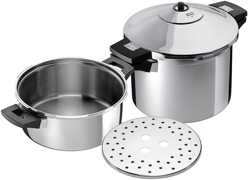 Kuhn Rikon Pressure Cooker Set, 4L and 8L (24cm) Duromatic Inox Food Steamers with Side Grips. Multi Cooker Hotpot with Auto Lock Lid. Stainless Steel Pot – 10 Year Kuhn Rikon Cookware Guarantee-0