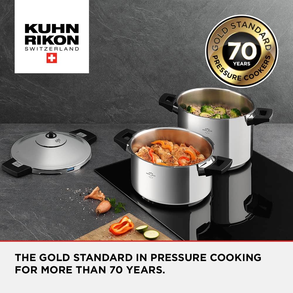 Kuhn Rikon Pressure Cooker Set, 4L and 8L (24cm) Duromatic Inox Food Steamers with Side Grips. Multi Cooker Hotpot with Auto Lock Lid. Stainless Steel Pot – 10 Year Kuhn Rikon Cookware Guarantee-1