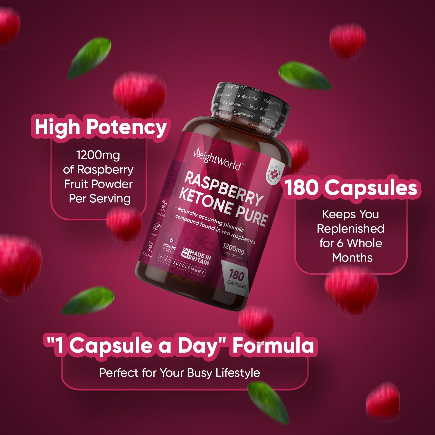 Pure Raspberry Ketones - 180 Capsules - 1200mg High Strength - 6 Months Supply - Vegan Raspberry Ketone Capsules for Men & Women - Suits Low Carb & Keto Diet - Feel Fuller & Lighter - Made in The UK-1