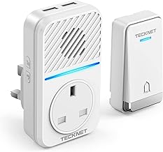 TECKNET Plug Through Wireless Doorbell with AC/USB Sockets, IP65 Waterproof Self-Powered Cordless Door Bells, 400M Range Plug in Door Bell Kits,60 Chimes,5-Level Volume&LED Light Flash