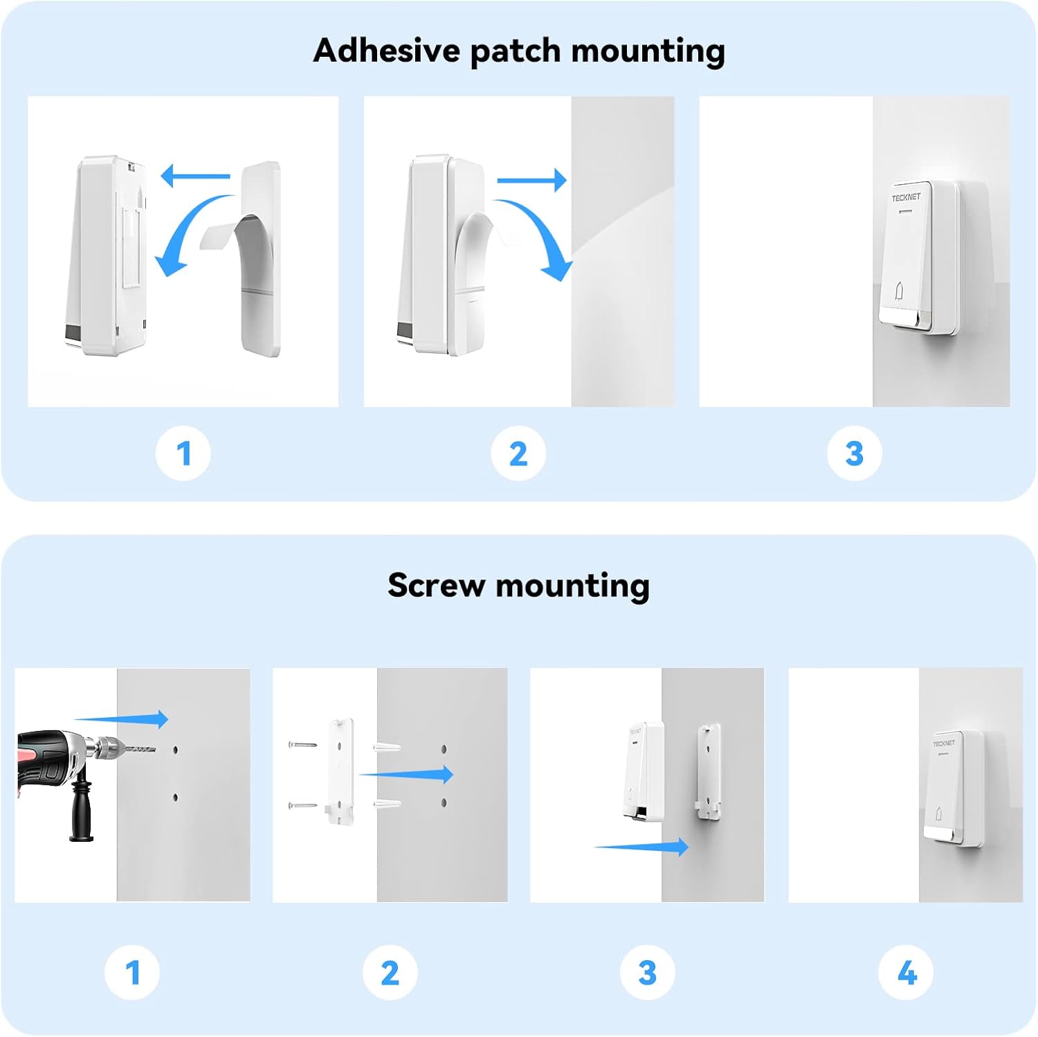 TECKNET Self-Powered Doorbell, Waterproof IP65 Twin Wireless Doorbell No Battery Required Push Button Plug Through Cordless Door Chime at 1300ft Range with 60 Chimes, 5-Level Volume & LED Light-7