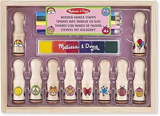 Melissa & Doug Wooden Handle Stamp Set with Colouring Pencils for Children, Arts and Crafts for Kids Age 4+, Wooden Stamps for Kids, Toys for Boys & Girls Gifts, Kids Art Set Gift for 4 Year Old